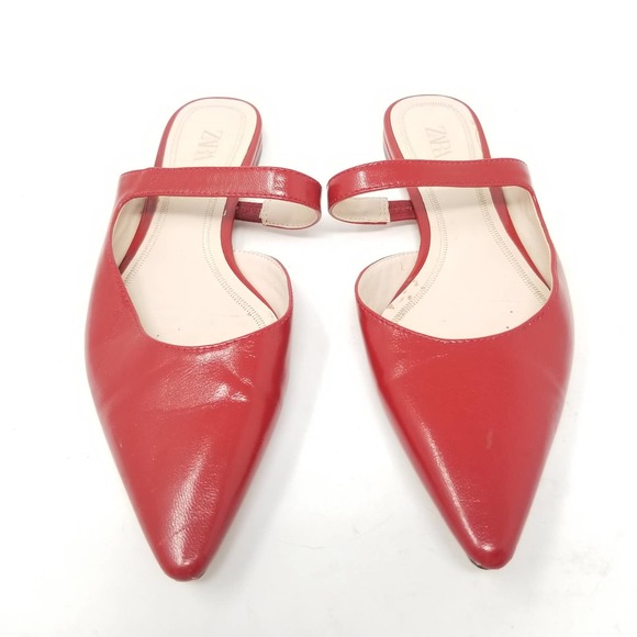 Zara Pointed Toe Red Patent Leather Mules Flats size 37 - Picture 2 of 7